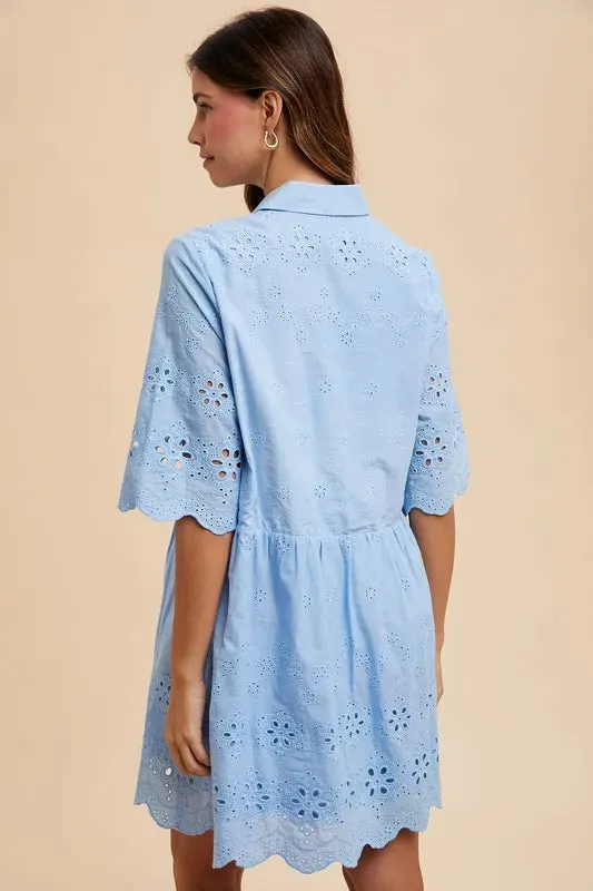 Annie Wear Embroidered Scallop Edge Detail Mini Dress In Sky Blue