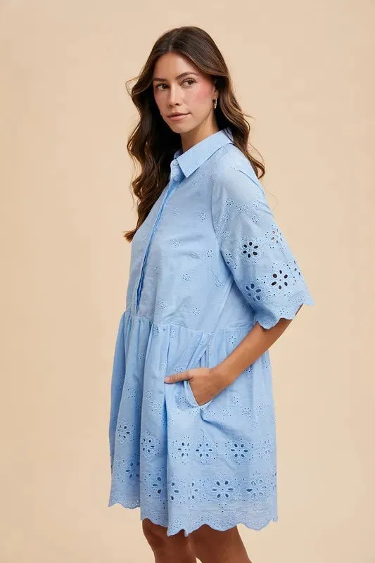 Annie Wear Embroidered Scallop Edge Detail Mini Dress In Sky Blue