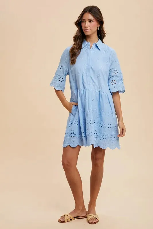 Annie Wear Embroidered Scallop Edge Detail Mini Dress In Sky Blue