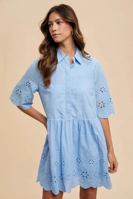 Annie Wear Embroidered Scallop Edge Detail Mini Dress In Sky Blue