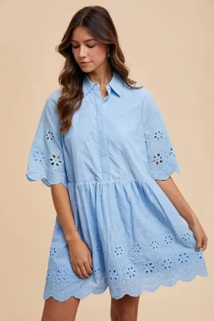 Annie Wear Embroidered Scallop Edge Detail Mini Dress In Sky Blue