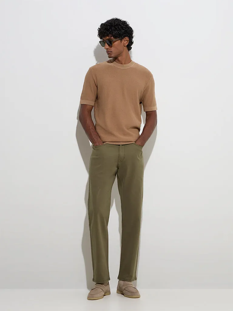 Ascot Brown Knit-Textured Relaxed-Fit Cotton Blend T-Shirt