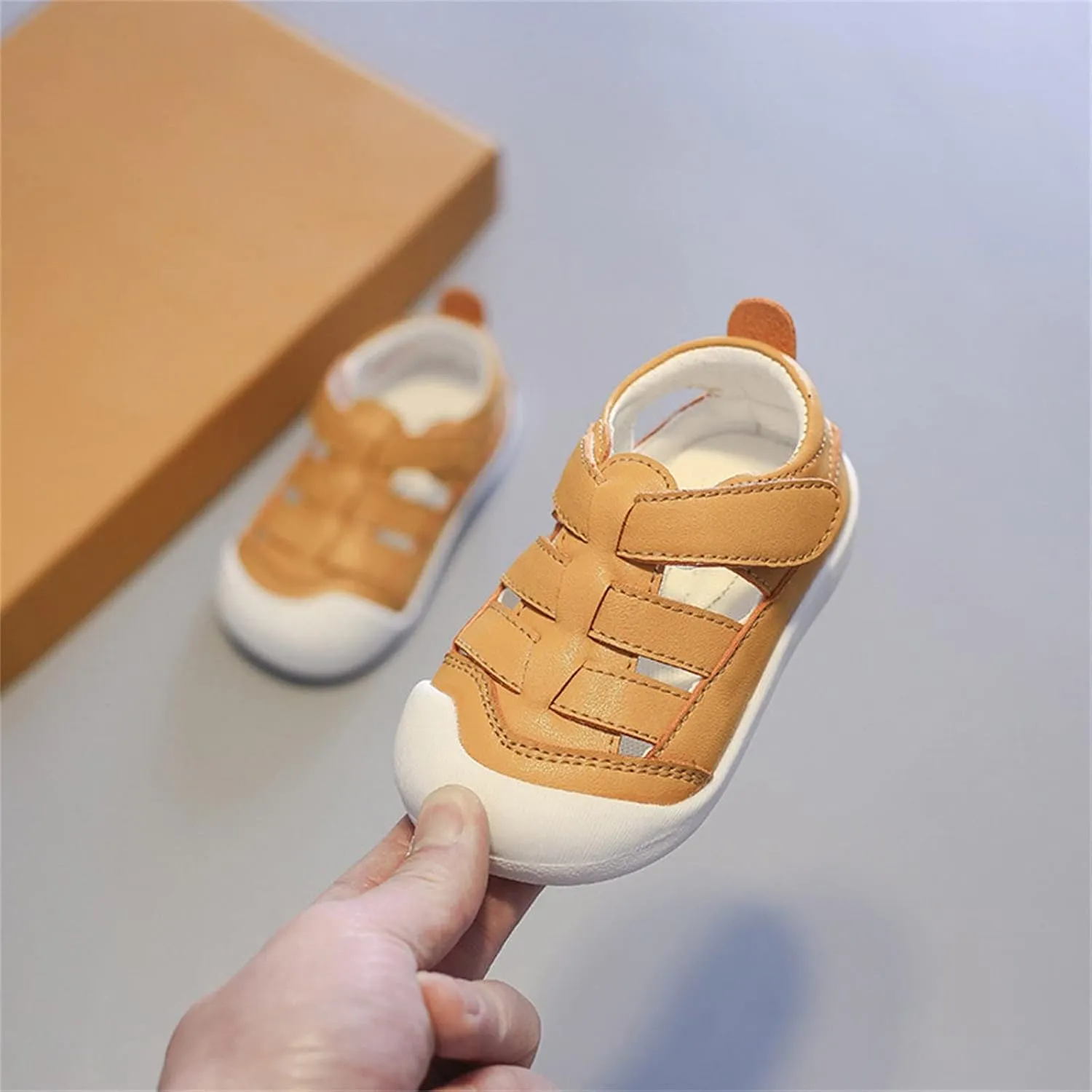 Baby Boys Girls Closed Toe Summer Sandals Lightweight Non-Slip Soft Sole Leather Athletic Sneakers Outdoor Shoes