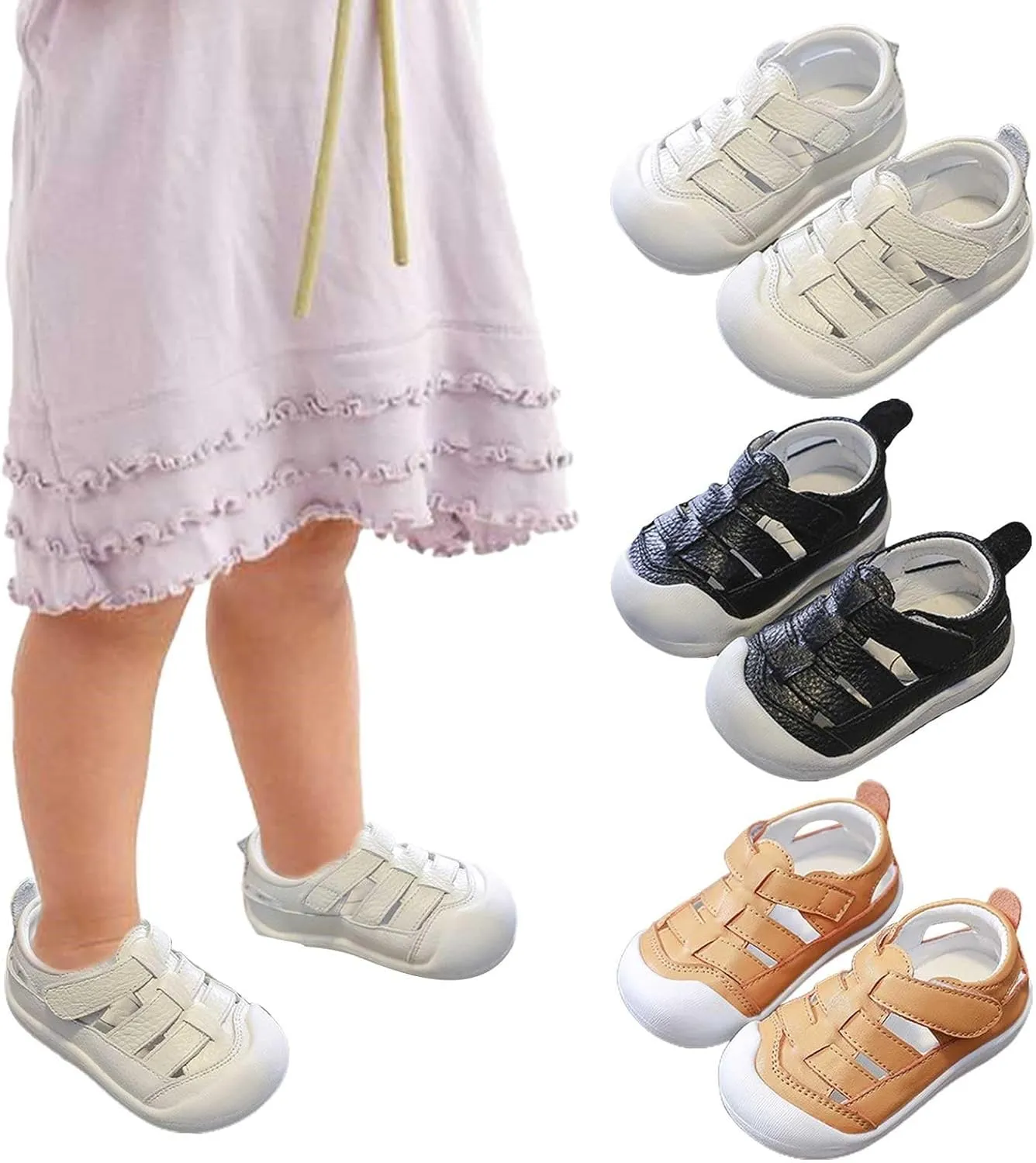 Baby Boys Girls Closed Toe Summer Sandals Lightweight Non-Slip Soft Sole Leather Athletic Sneakers Outdoor Shoes