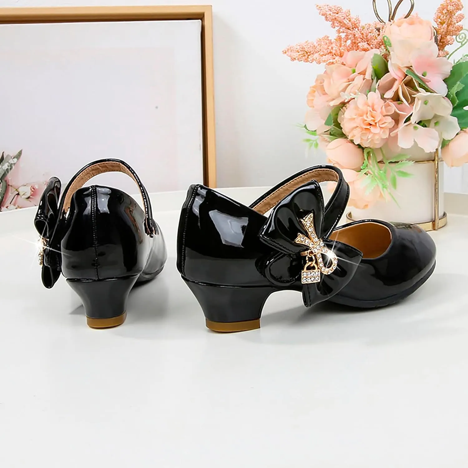 Baby Girls Patent Leather Dress Shoes Low Heels Toddler Mary Jane Shoes Flower Kid Shoes for School Party Wedding