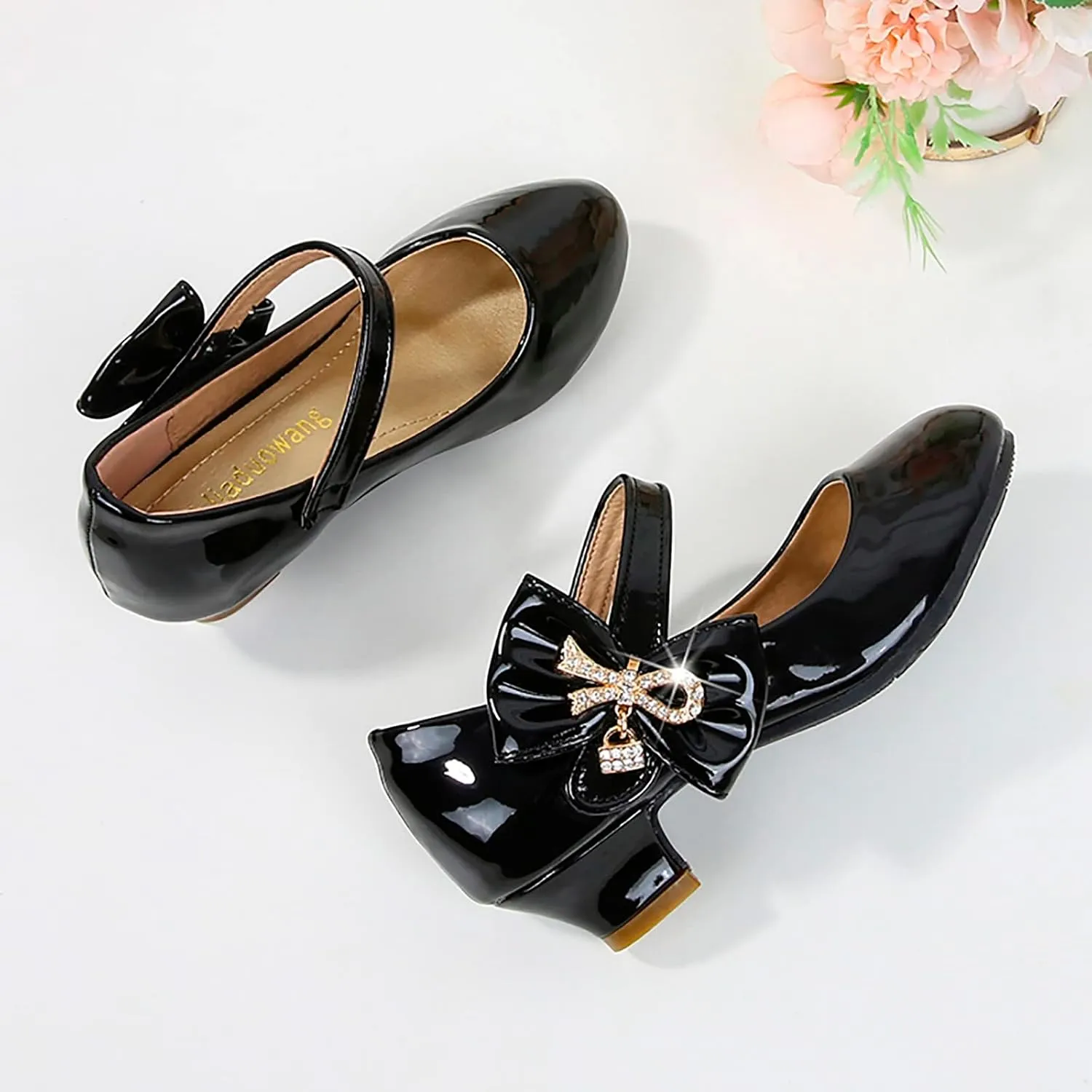 Baby Girls Patent Leather Dress Shoes Low Heels Toddler Mary Jane Shoes Flower Kid Shoes for School Party Wedding