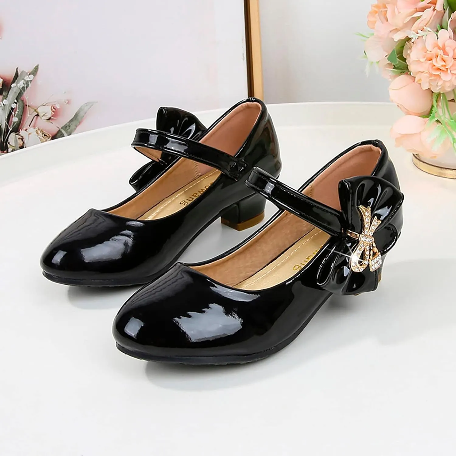 Baby Girls Patent Leather Dress Shoes Low Heels Toddler Mary Jane Shoes Flower Kid Shoes for School Party Wedding