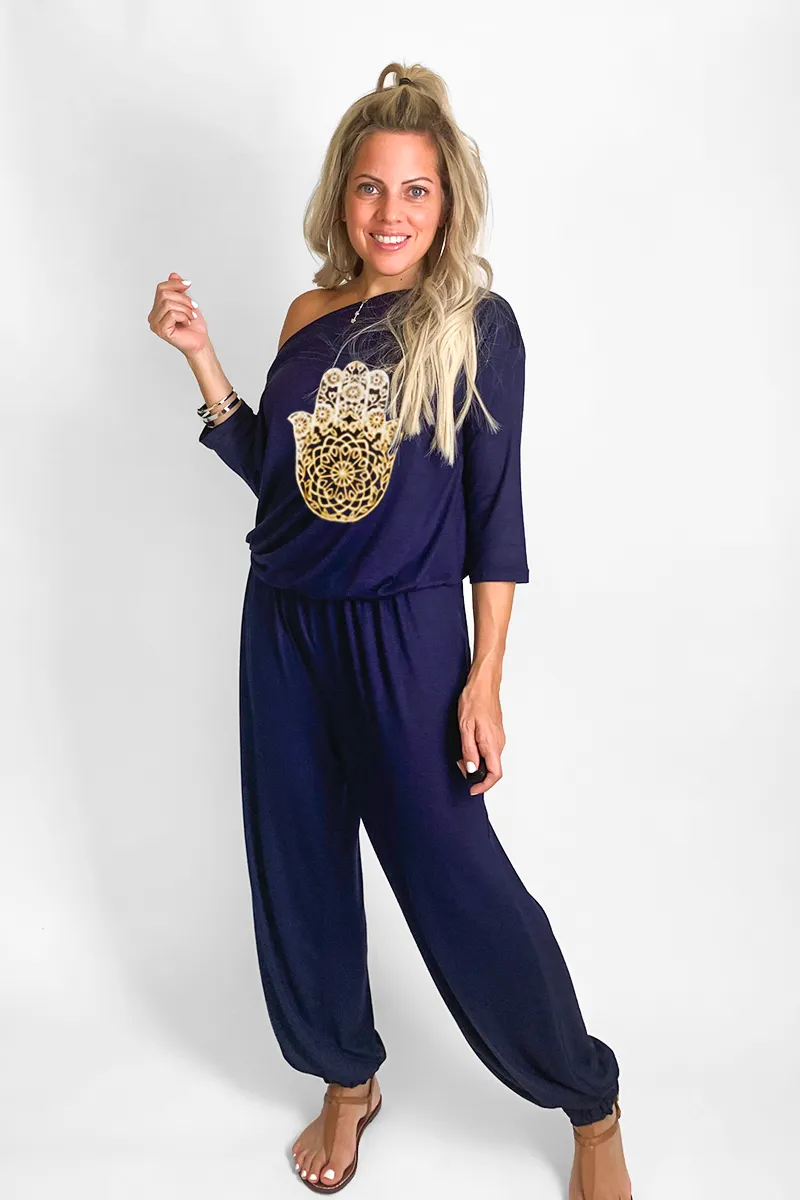 Boat Neck Jogger Jumpsuit With Hamsa Hand