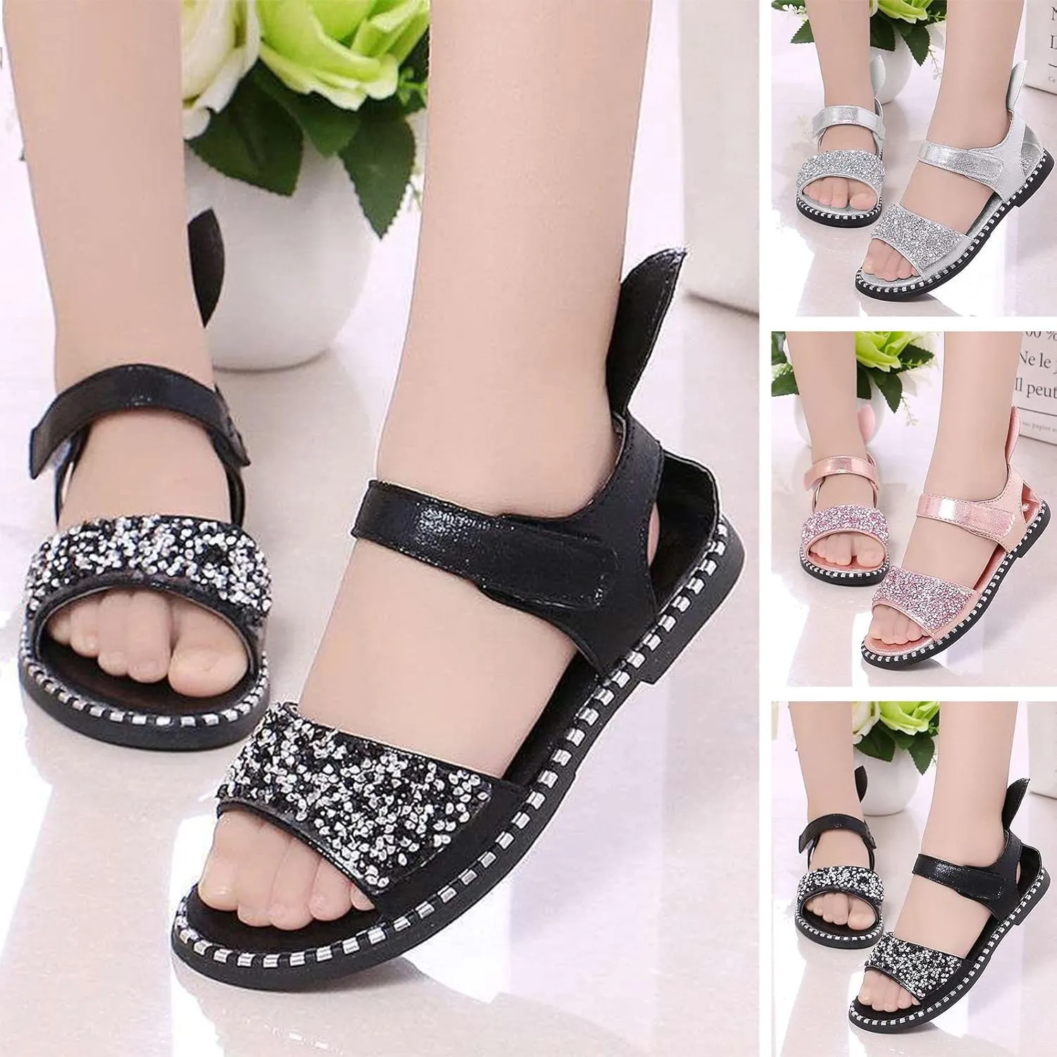 Chips Rhinestones Sequins Flat Sandals for Girls Soft Sole Non-Slip Open Toe Flower Sandals Kids Girls Sweet Shoes