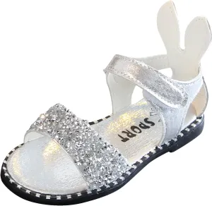 Chips Rhinestones Sequins Flat Sandals for Girls Soft Sole Non-Slip Open Toe Flower Sandals Kids Girls Sweet Shoes