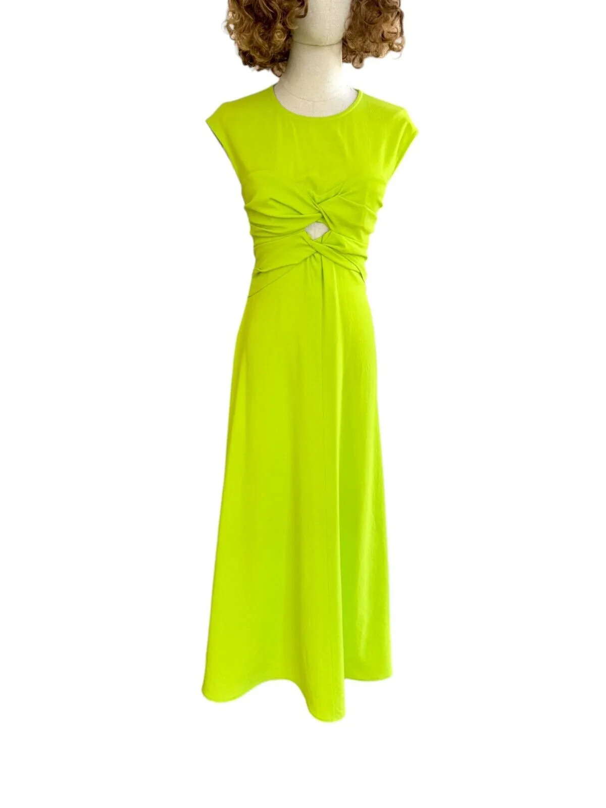 CUE Twist Front Bodice Midi Dress | Lime Green/Neon Yellow, Cutout, Crepe Fabric