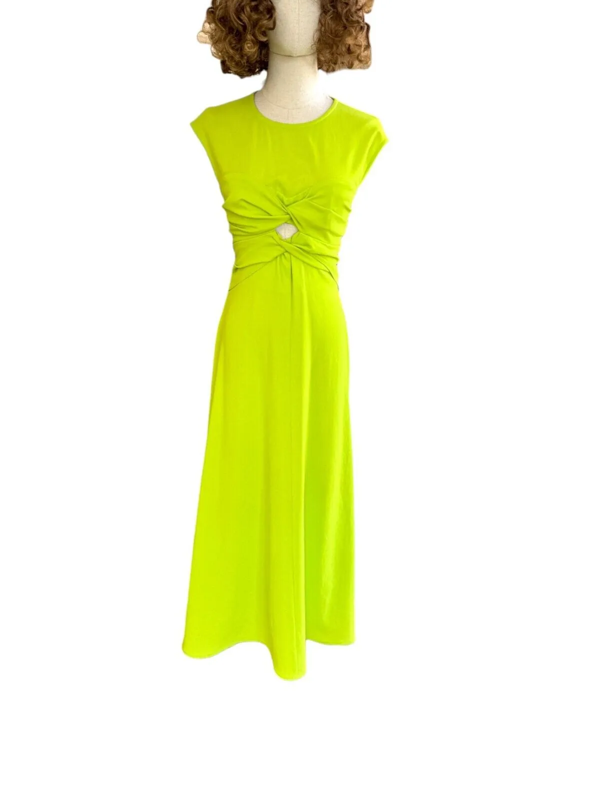 CUE Twist Front Bodice Midi Dress | Lime Green/Neon Yellow, Cutout, Crepe Fabric