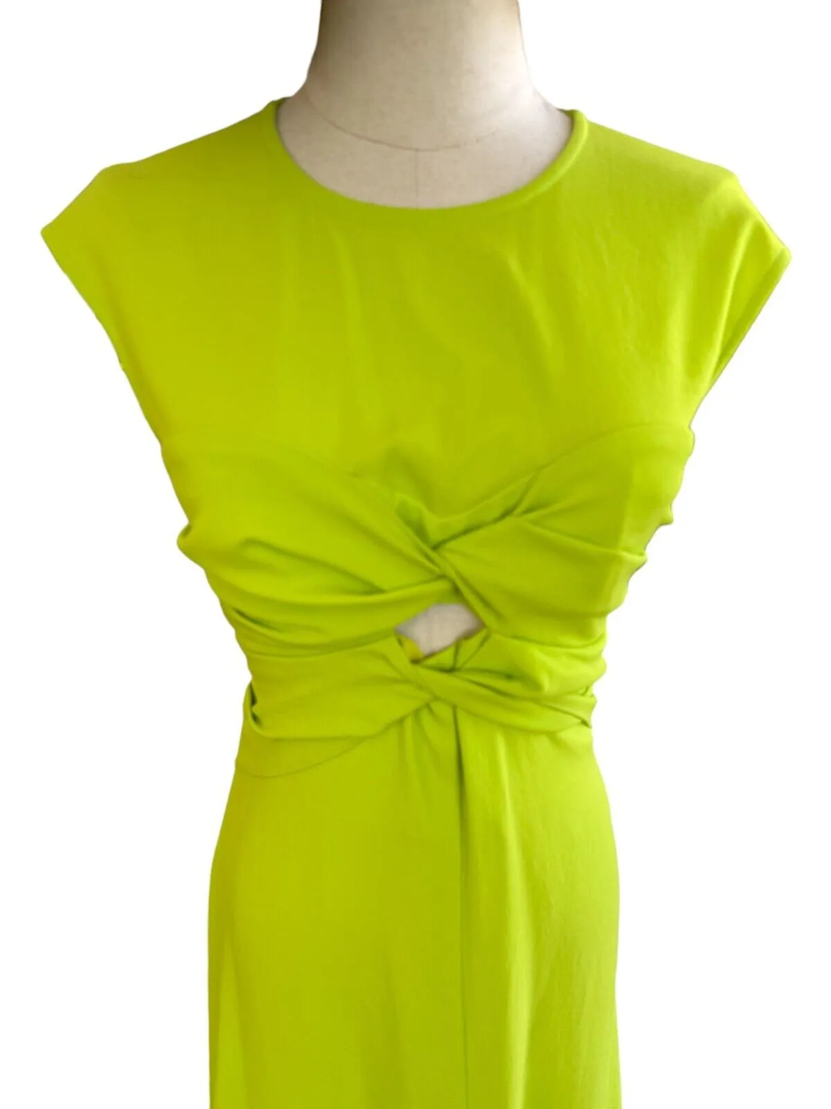 CUE Twist Front Bodice Midi Dress | Lime Green/Neon Yellow, Cutout, Crepe Fabric
