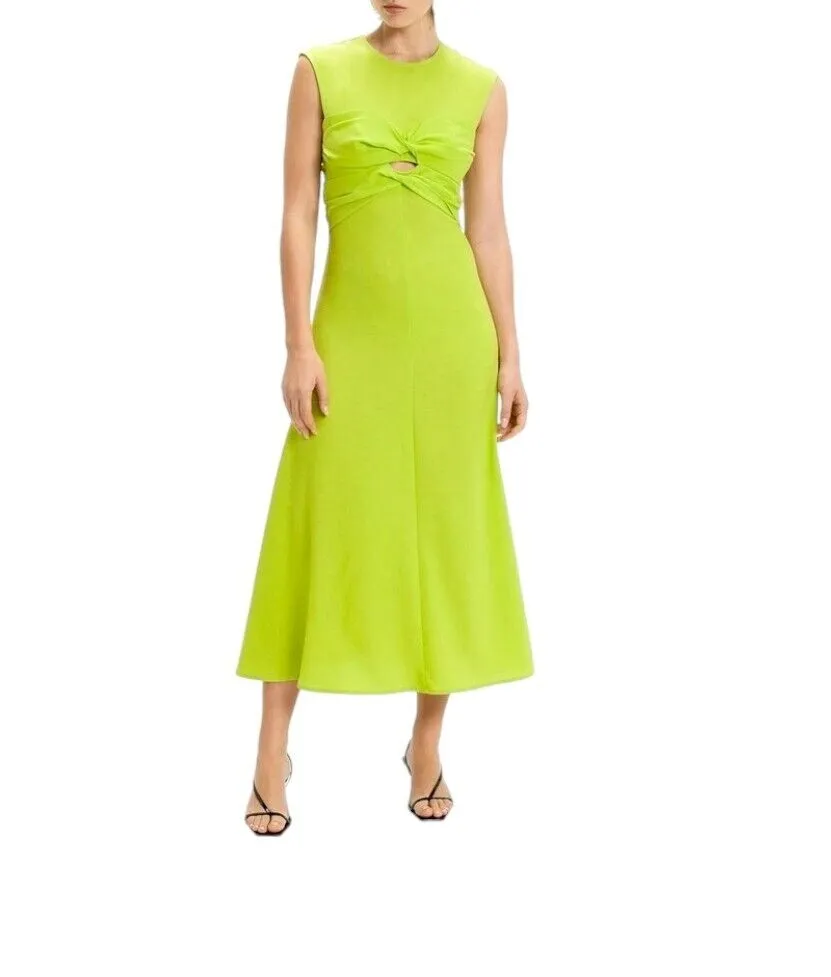 CUE Twist Front Bodice Midi Dress | Lime Green/Neon Yellow, Cutout, Crepe Fabric