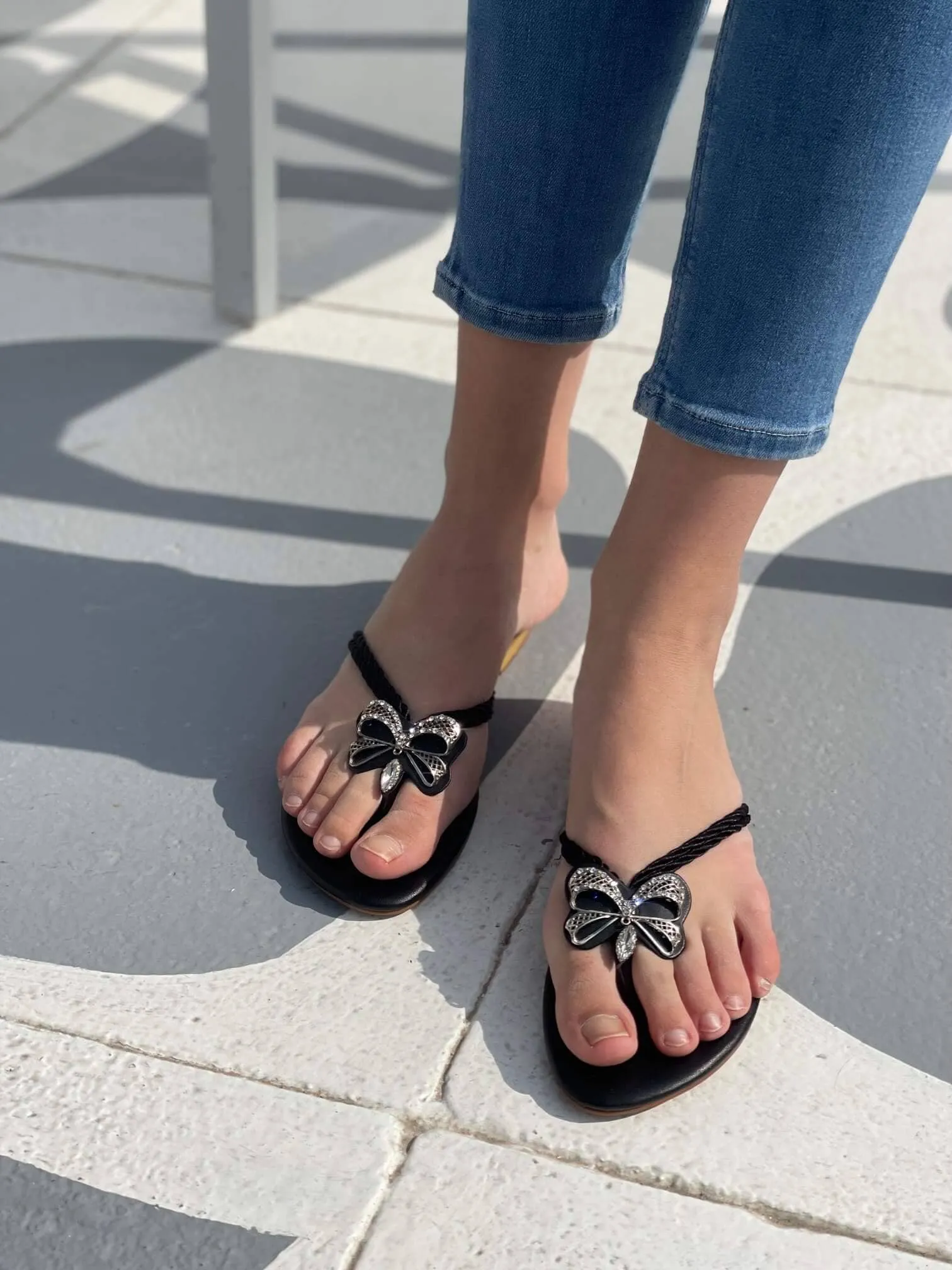 Duo Strap Butterfly Slides In Black