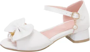 Girls Bow Heels Dress Sandals Flower Girl Open Toe Mary Jane Buckle Strap Wedding Party Kids Slides Shoes Footwear