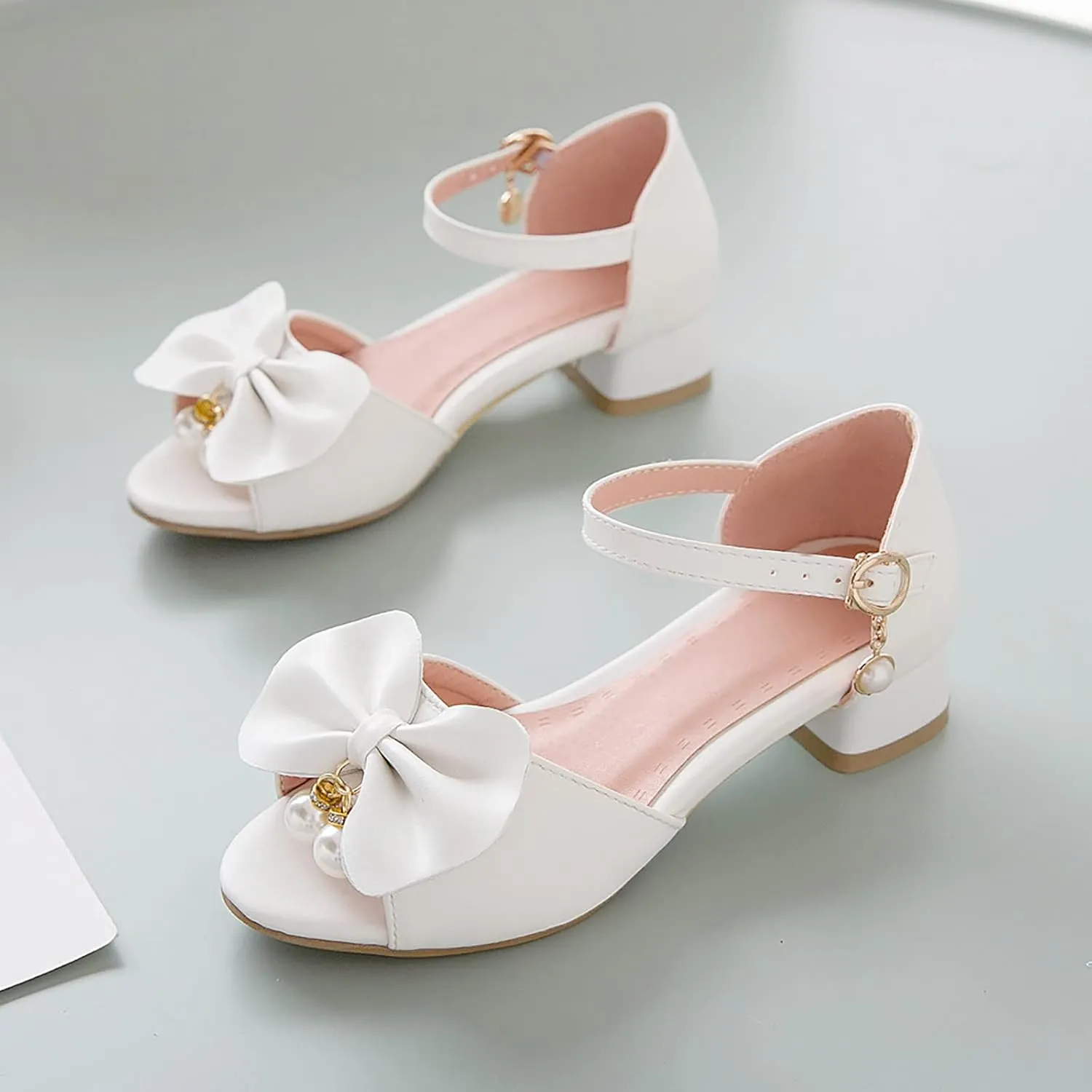 Girls Bow Heels Dress Sandals Flower Girl Open Toe Mary Jane Buckle Strap Wedding Party Kids Slides Shoes Footwear