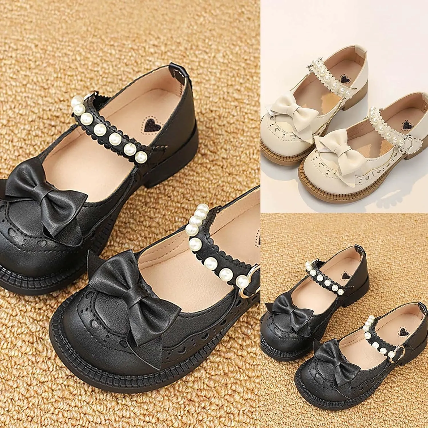 Girls Closed Toe Mary Jane School Uniform Shoes Toddler Flower Girl Dress Shoes Pearls Bow Low Heels Infant Dress Shoes