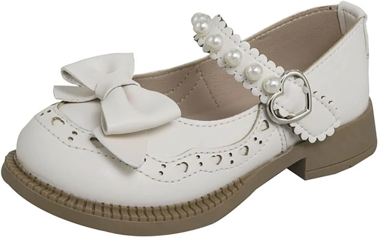 Girls Closed Toe Mary Jane School Uniform Shoes Toddler Flower Girl Dress Shoes Pearls Bow Low Heels Infant Dress Shoes