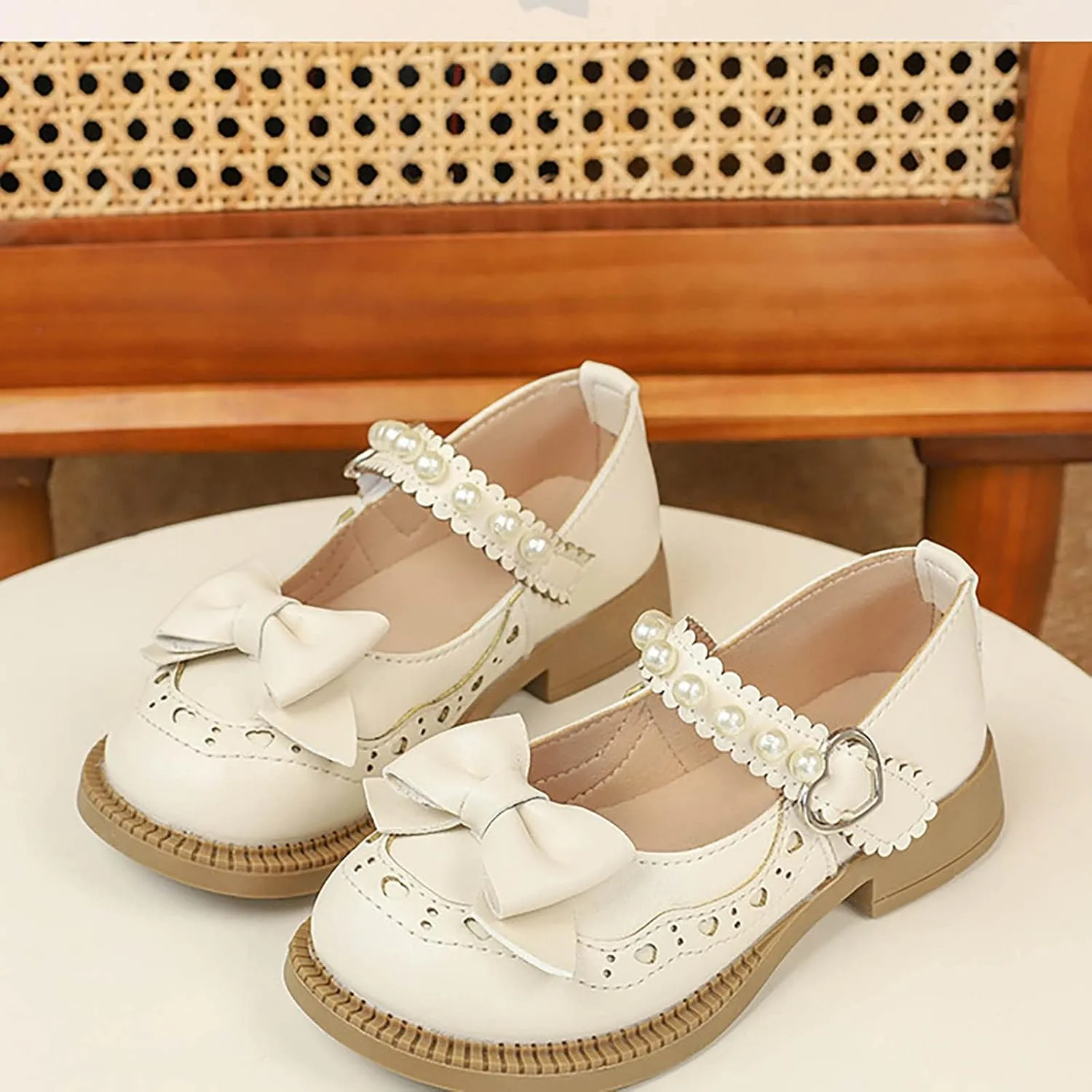 Girls Closed Toe Mary Jane School Uniform Shoes Toddler Flower Girl Dress Shoes Pearls Bow Low Heels Infant Dress Shoes