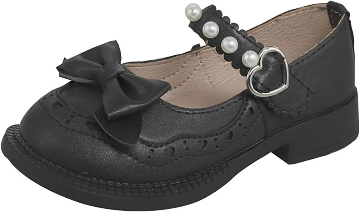 Girls Closed Toe Mary Jane School Uniform Shoes Toddler Flower Girl Dress Shoes Pearls Bow Low Heels Infant Dress Shoes