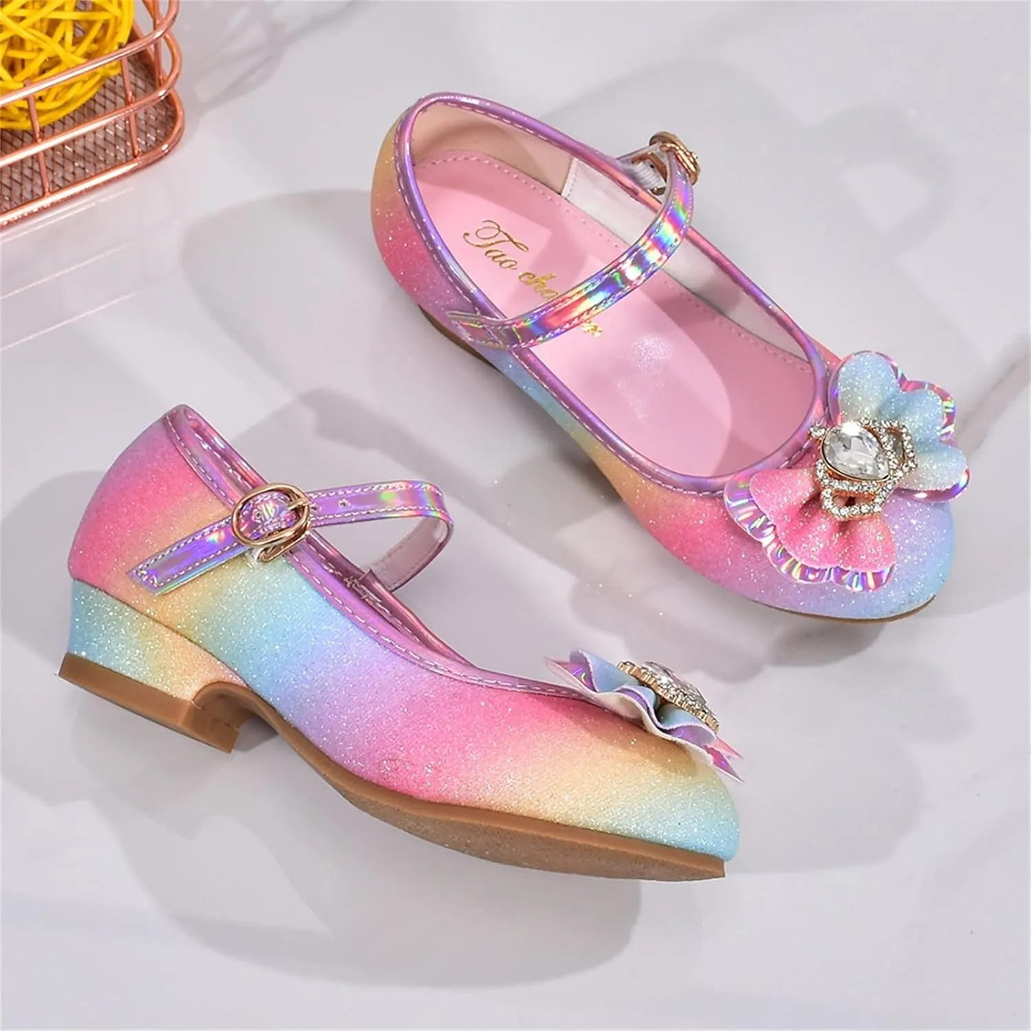Girls Colorful Bow Shiny Mary Jane Low Heel Dress Up Shoes Kids Wedding Party Pump Shoes Baby Girls Sandals