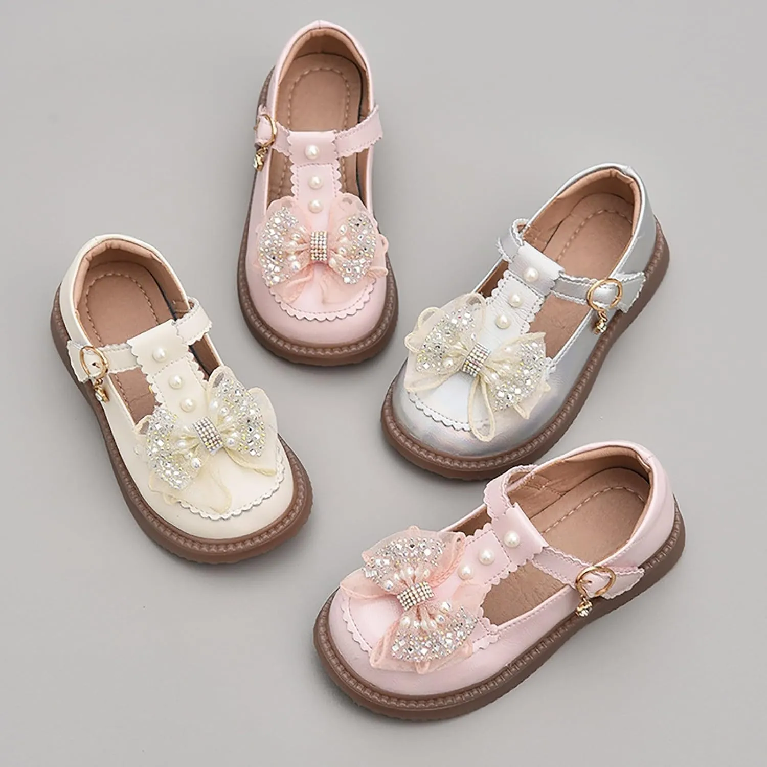Girls Flat Pearl Rhinestone Bow Buckle Prom Party Dress Shoes Round Toe Chunky Thong Sandals for Toddler Girls