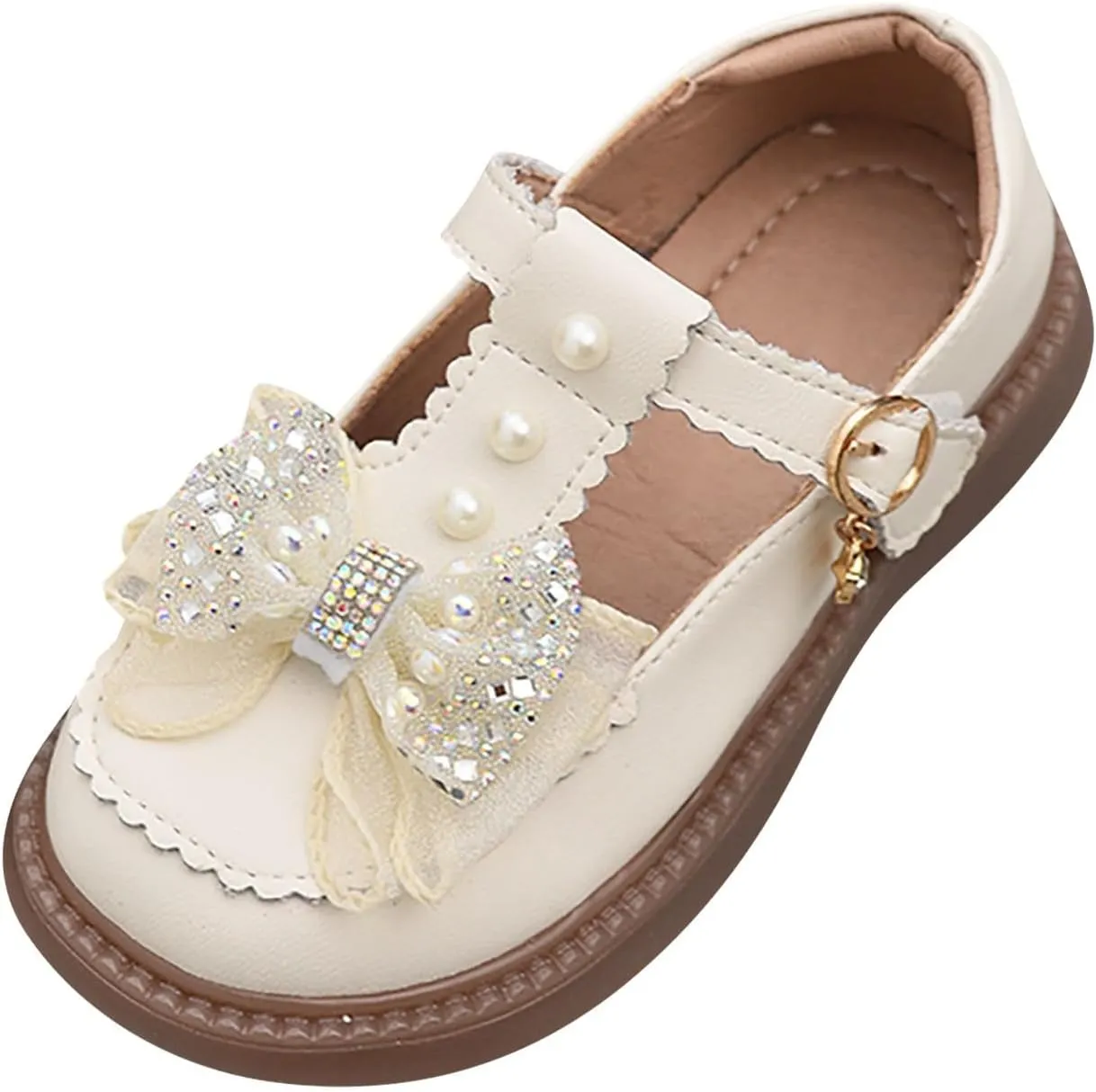 Girls Flat Pearl Rhinestone Bow Buckle Prom Party Dress Shoes Round Toe Chunky Thong Sandals for Toddler Girls