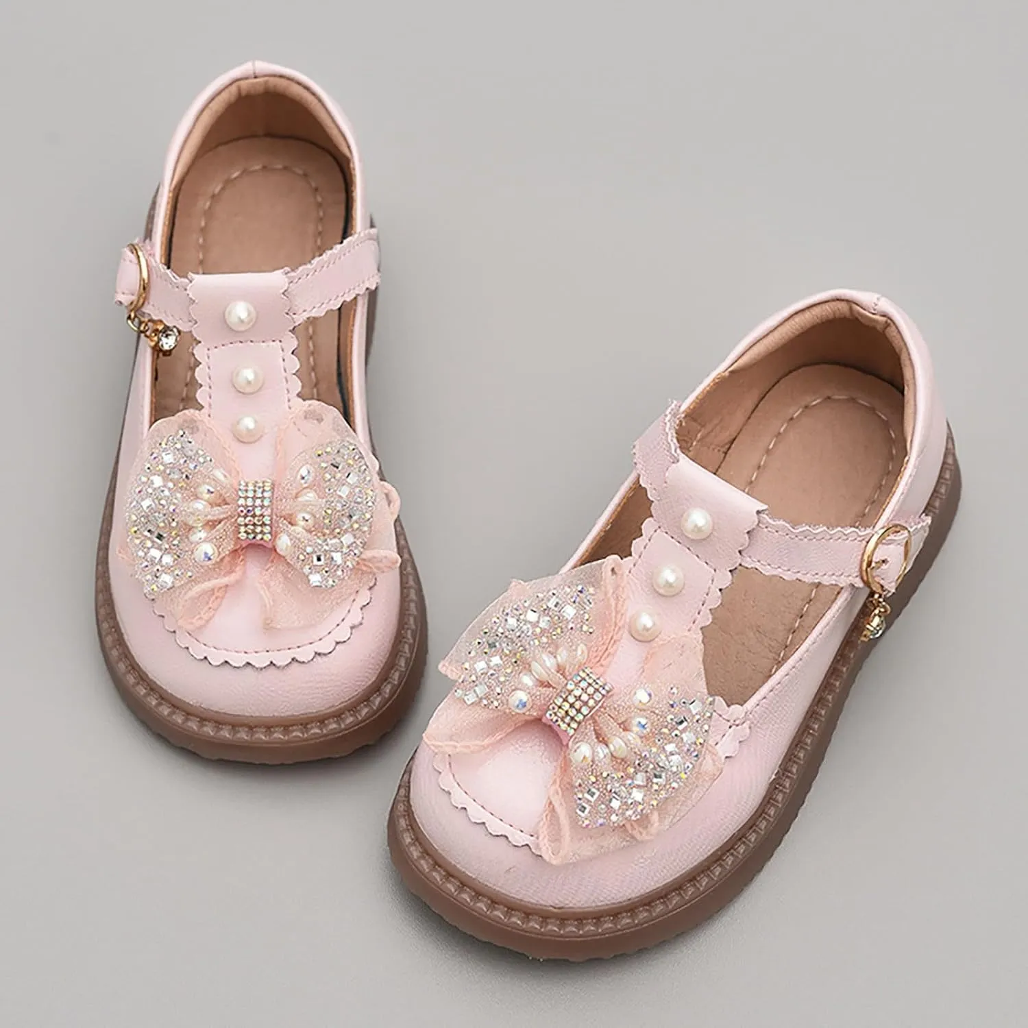 Girls Flat Pearl Rhinestone Bow Buckle Prom Party Dress Shoes Round Toe Chunky Thong Sandals for Toddler Girls