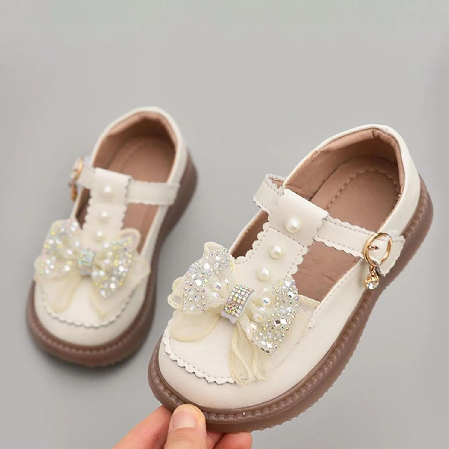 Girls Flat Pearl Rhinestone Bow Buckle Prom Party Dress Shoes Round Toe Chunky Thong Sandals for Toddler Girls