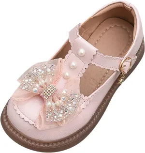 Girls Flat Pearl Rhinestone Bow Buckle Prom Party Dress Shoes Round Toe Chunky Thong Sandals for Toddler Girls