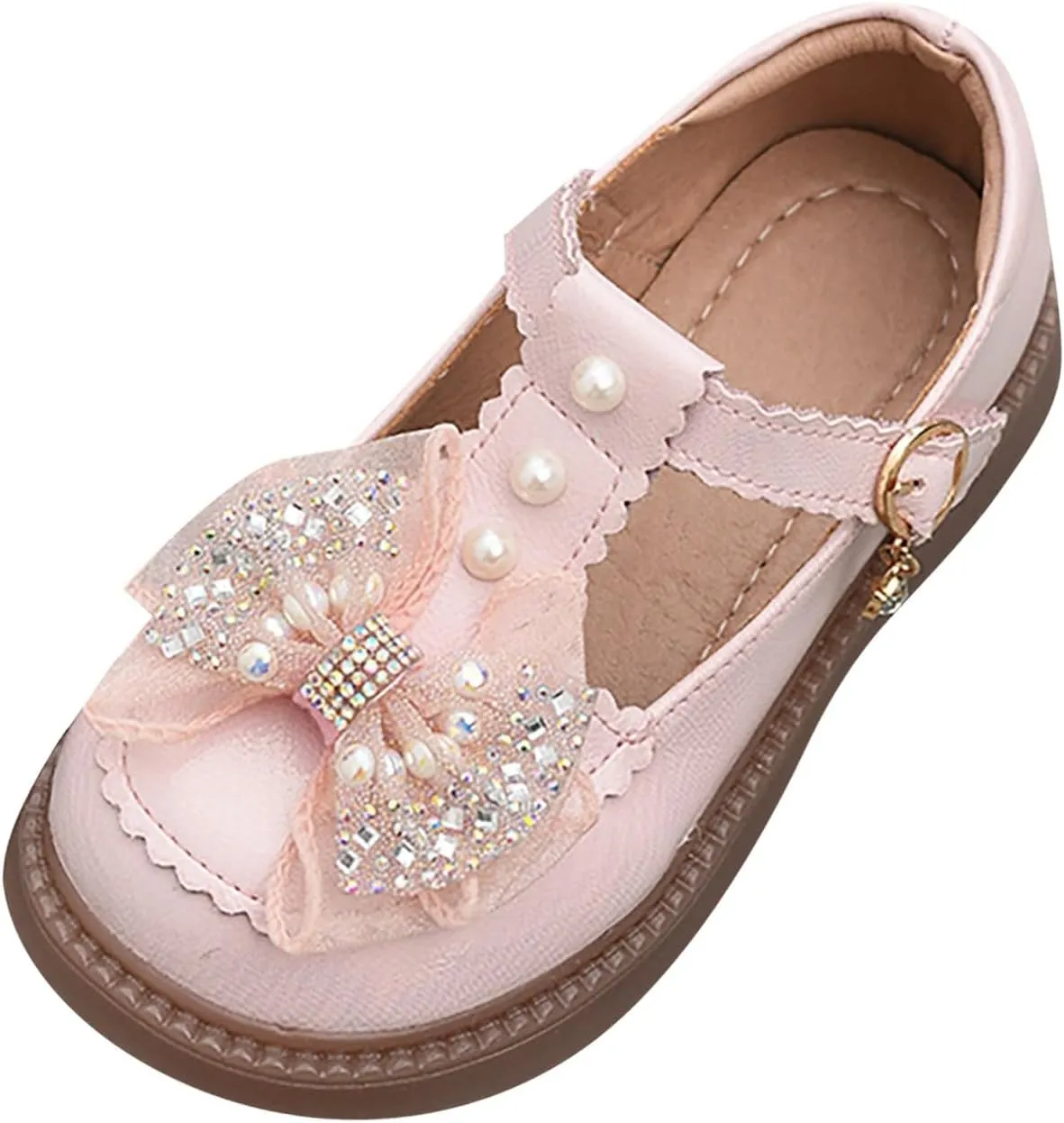 Girls Flat Pearl Rhinestone Bow Buckle Prom Party Dress Shoes Round Toe Chunky Thong Sandals for Toddler Girls