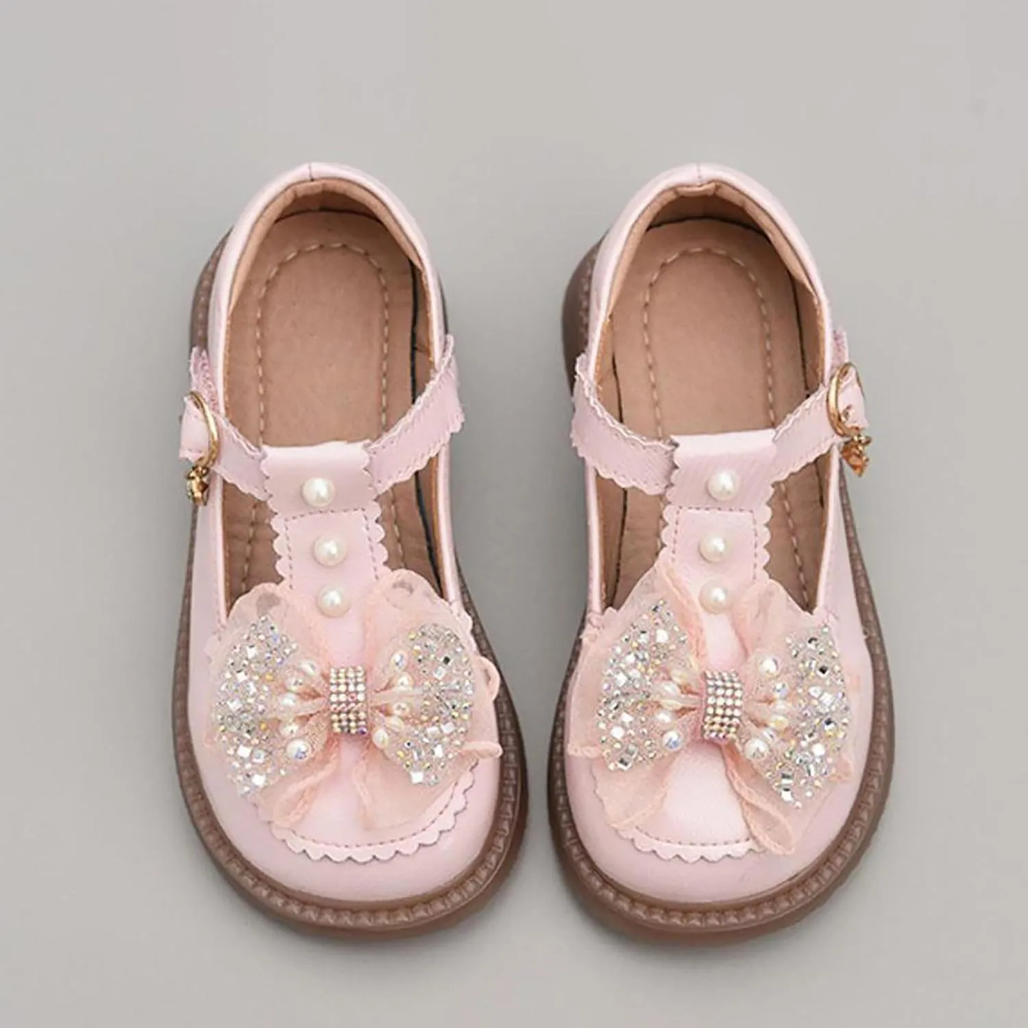 Girls Flat Pearl Rhinestone Bow Buckle Prom Party Dress Shoes Round Toe Chunky Thong Sandals for Toddler Girls