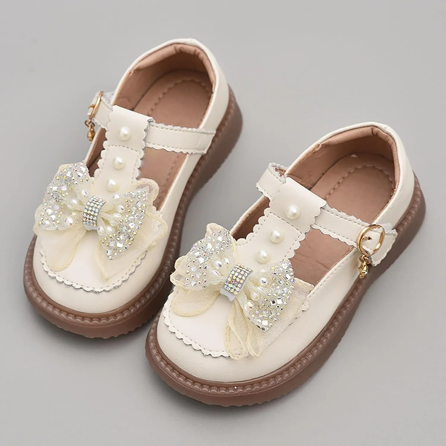 Girls Flat Pearl Rhinestone Bow Buckle Prom Party Dress Shoes Round Toe Chunky Thong Sandals for Toddler Girls