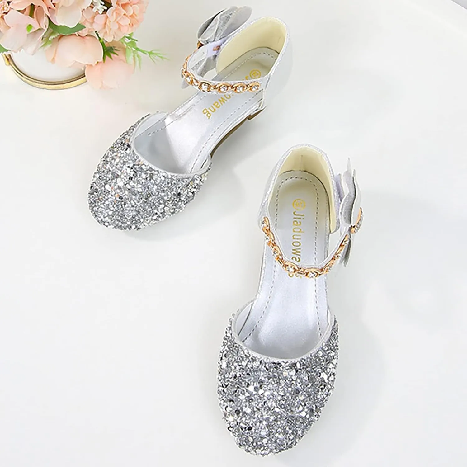 Girls Glitter Dress Shoes Mary Jane Flats Low Heels Flower Girls Bridesmaid Wedding Party Sequins Uniform Sandals