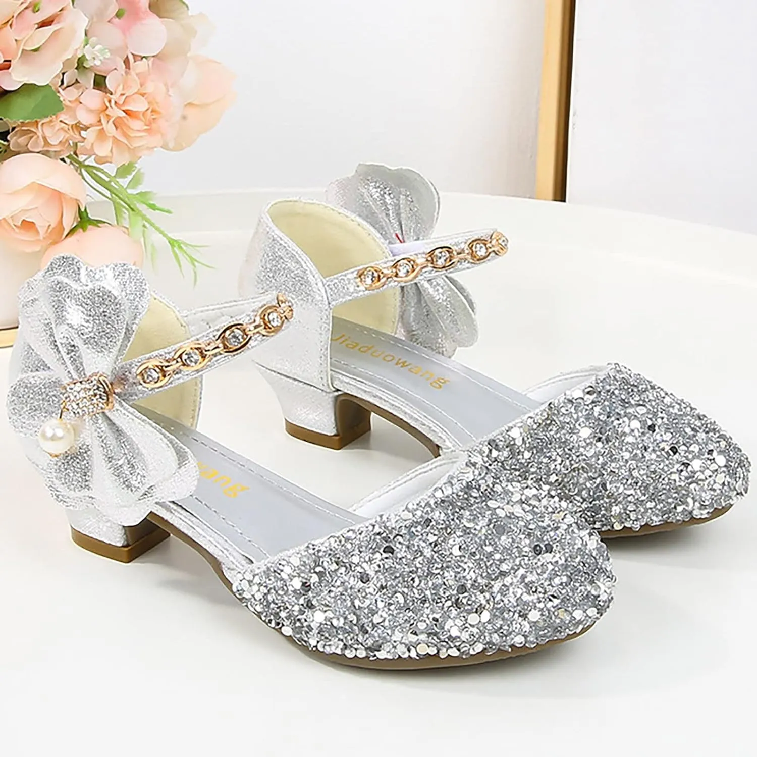 Girls Glitter Dress Shoes Mary Jane Flats Low Heels Flower Girls Bridesmaid Wedding Party Sequins Uniform Sandals