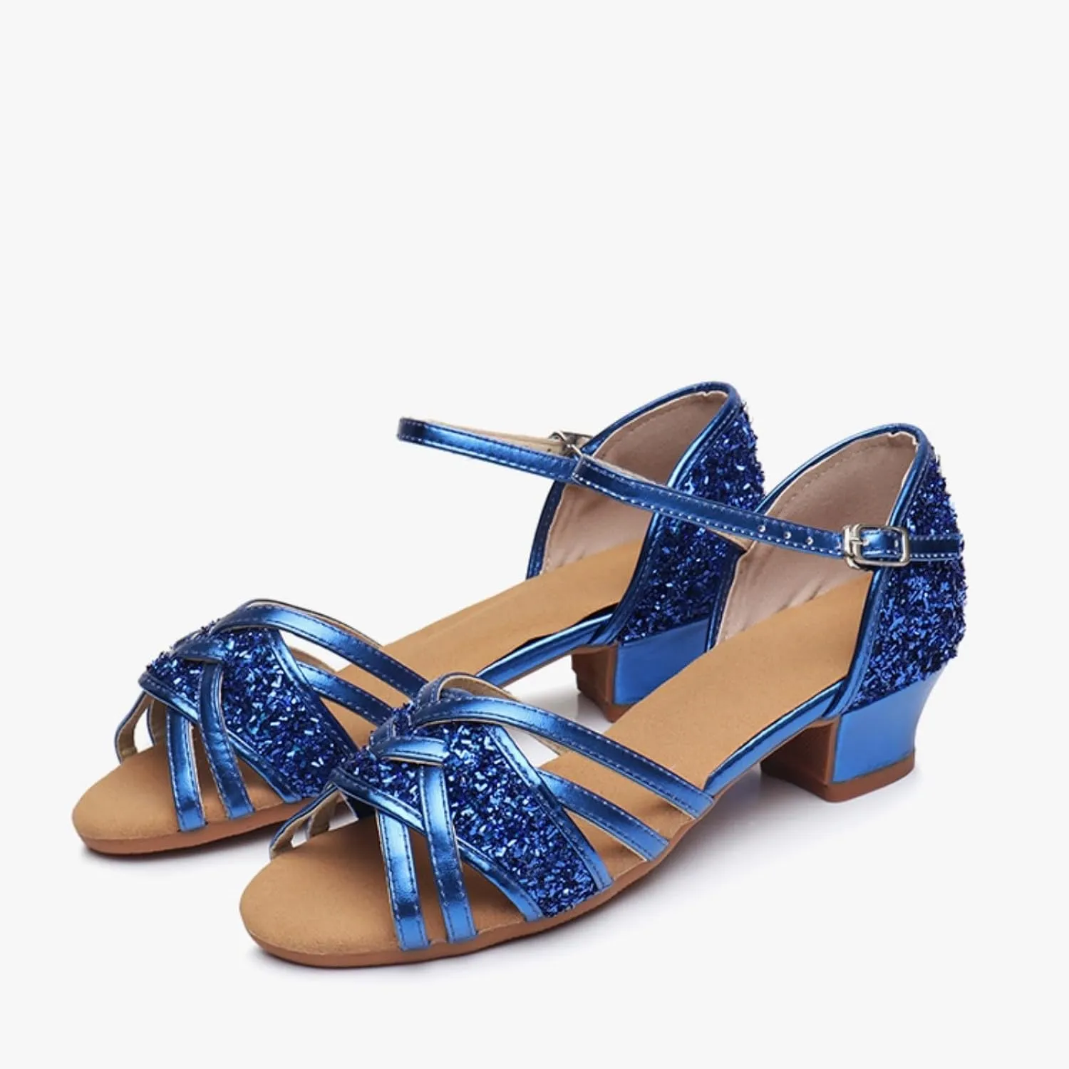 Girls Kids Ballroom Tango Latin Dance Shoes Sandals Low Heeled Sequins Stage Performance Shoes for Children