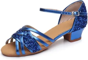 Girls Kids Ballroom Tango Latin Dance Shoes Sandals Low Heeled Sequins Stage Performance Shoes for Children