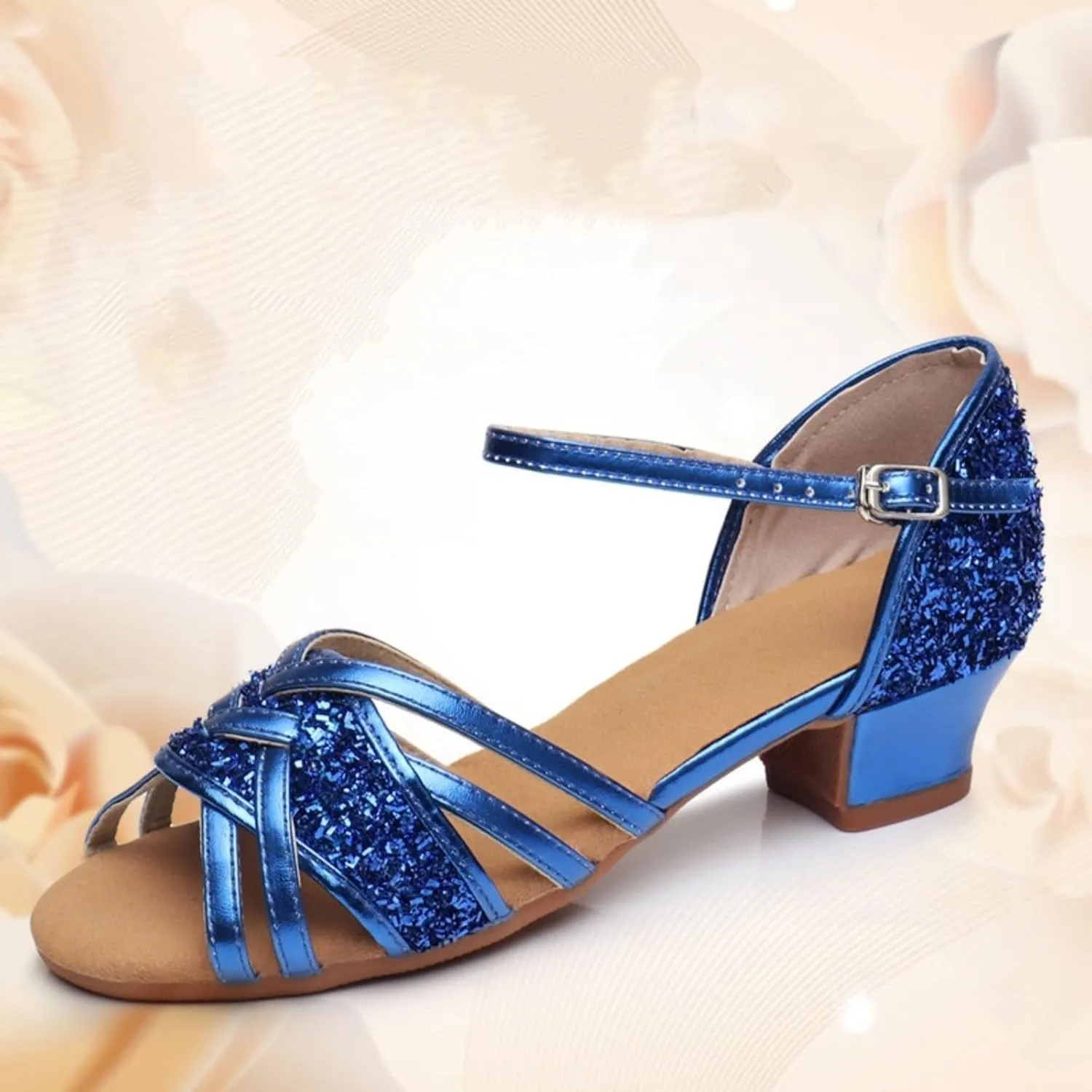 Girls Kids Ballroom Tango Latin Dance Shoes Sandals Low Heeled Sequins Stage Performance Shoes for Children