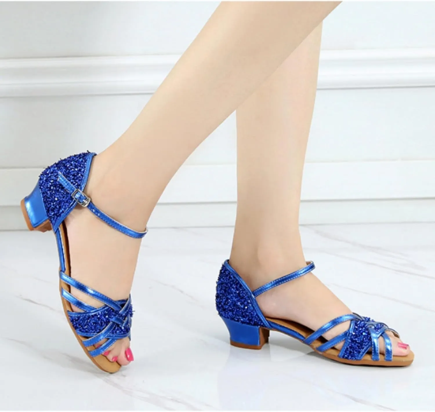 Girls Kids Ballroom Tango Latin Dance Shoes Sandals Low Heeled Sequins Stage Performance Shoes for Children