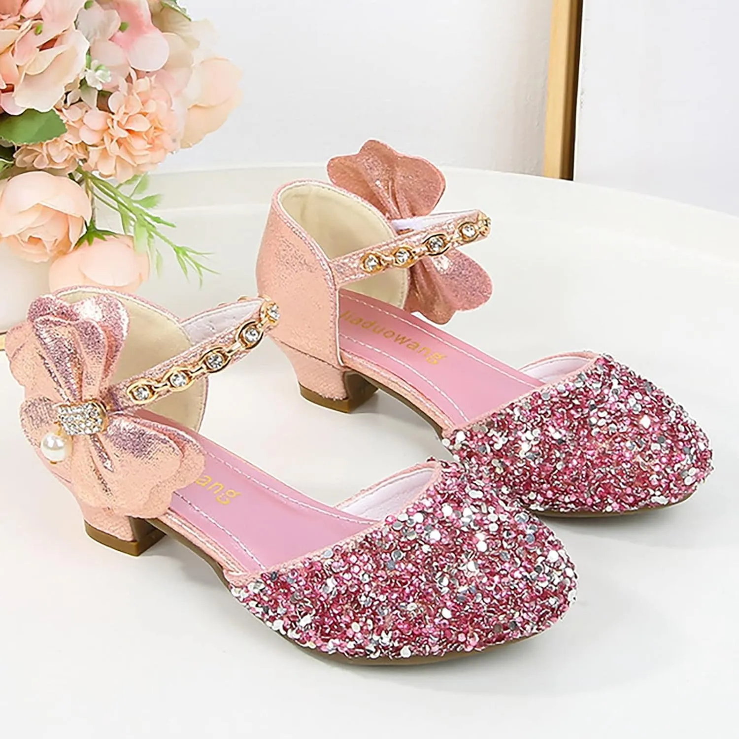 Girls Mary Jane Dress Shoes Rhinestones Bows Low Heels Flower Girl Wedding Pump Shoes Toddler Sandals Kids