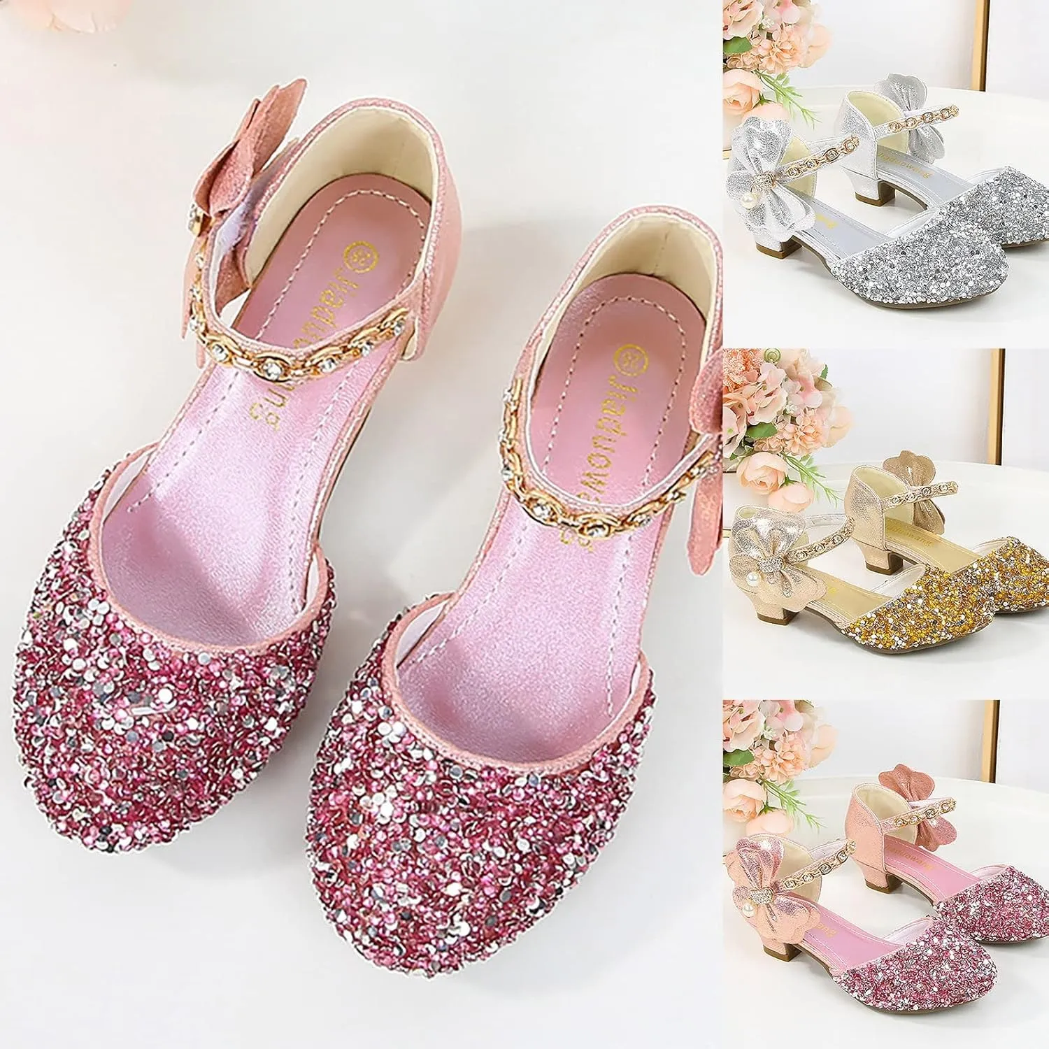 Girls Mary Jane Dress Shoes Rhinestones Bows Low Heels Flower Girl Wedding Pump Shoes Toddler Sandals Kids