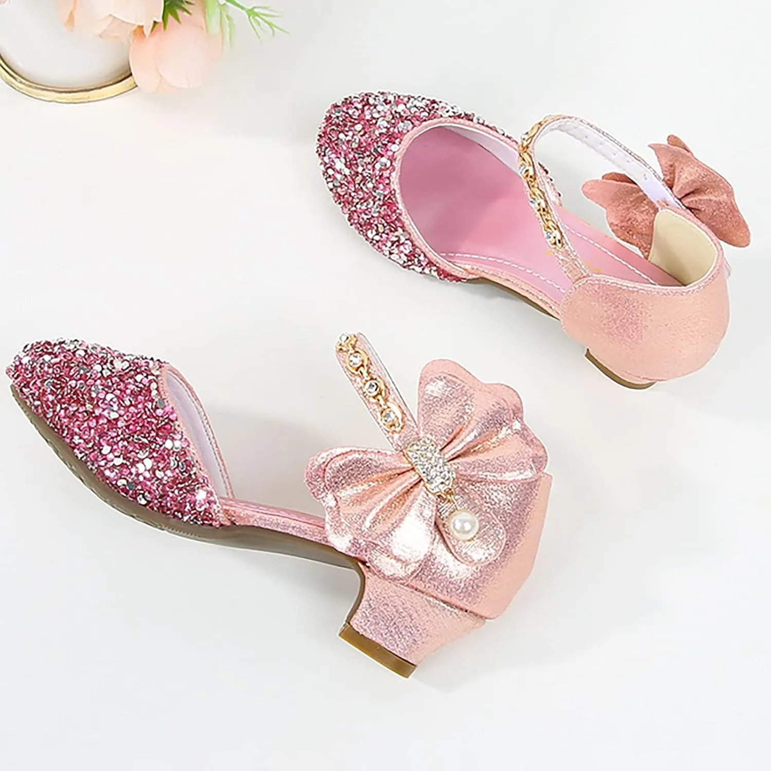 Girls Mary Jane Dress Shoes Rhinestones Bows Low Heels Flower Girl Wedding Pump Shoes Toddler Sandals Kids