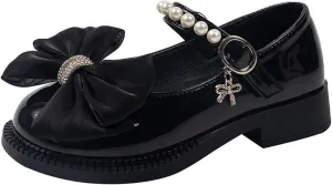 Girls Mary Jane Shoes Bow Pearl Ballerina Flats Ankle Strap Wedding Party School Dress Shoes For Women