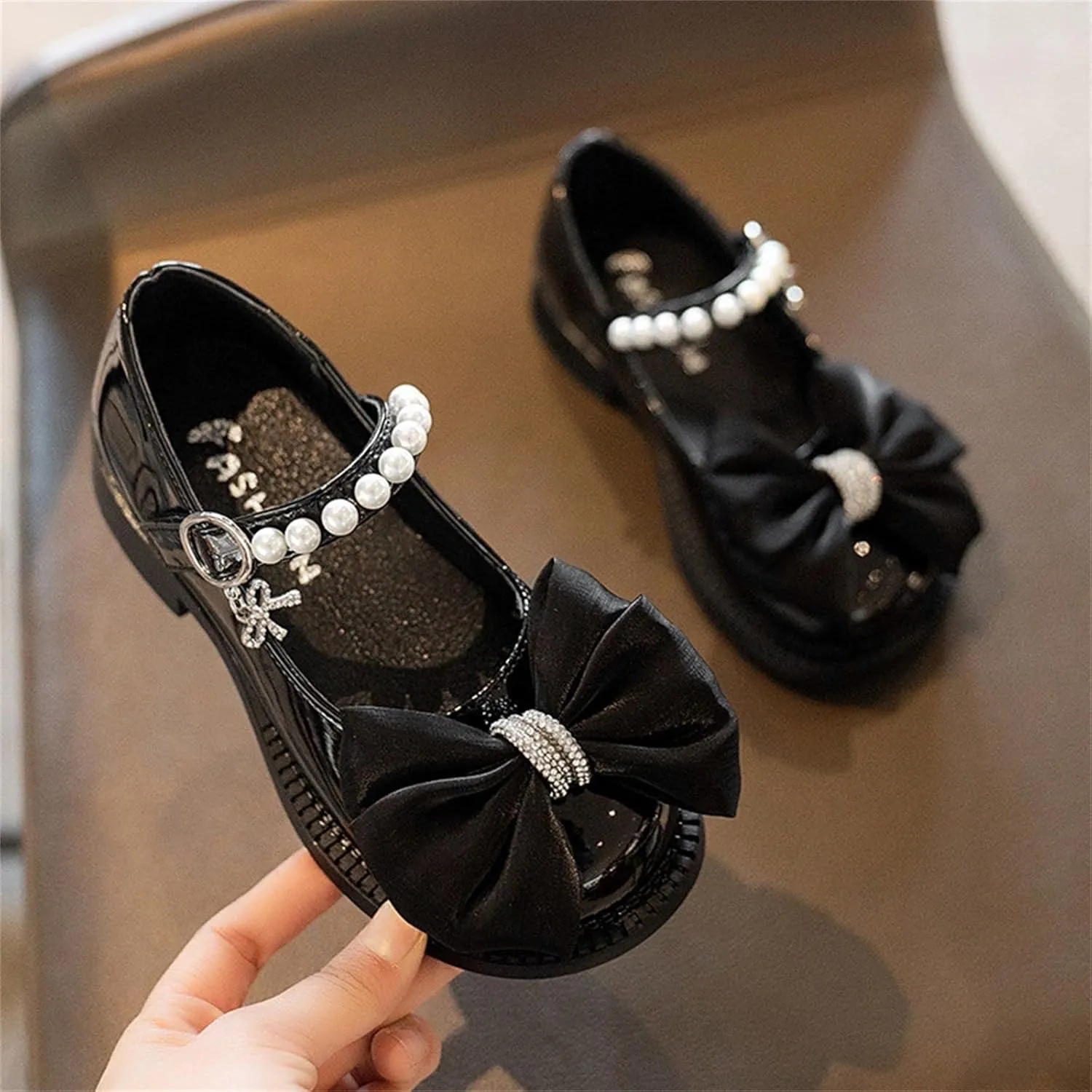 Girls Mary Jane Shoes Bow Pearl Ballerina Flats Ankle Strap Wedding Party School Dress Shoes For Women