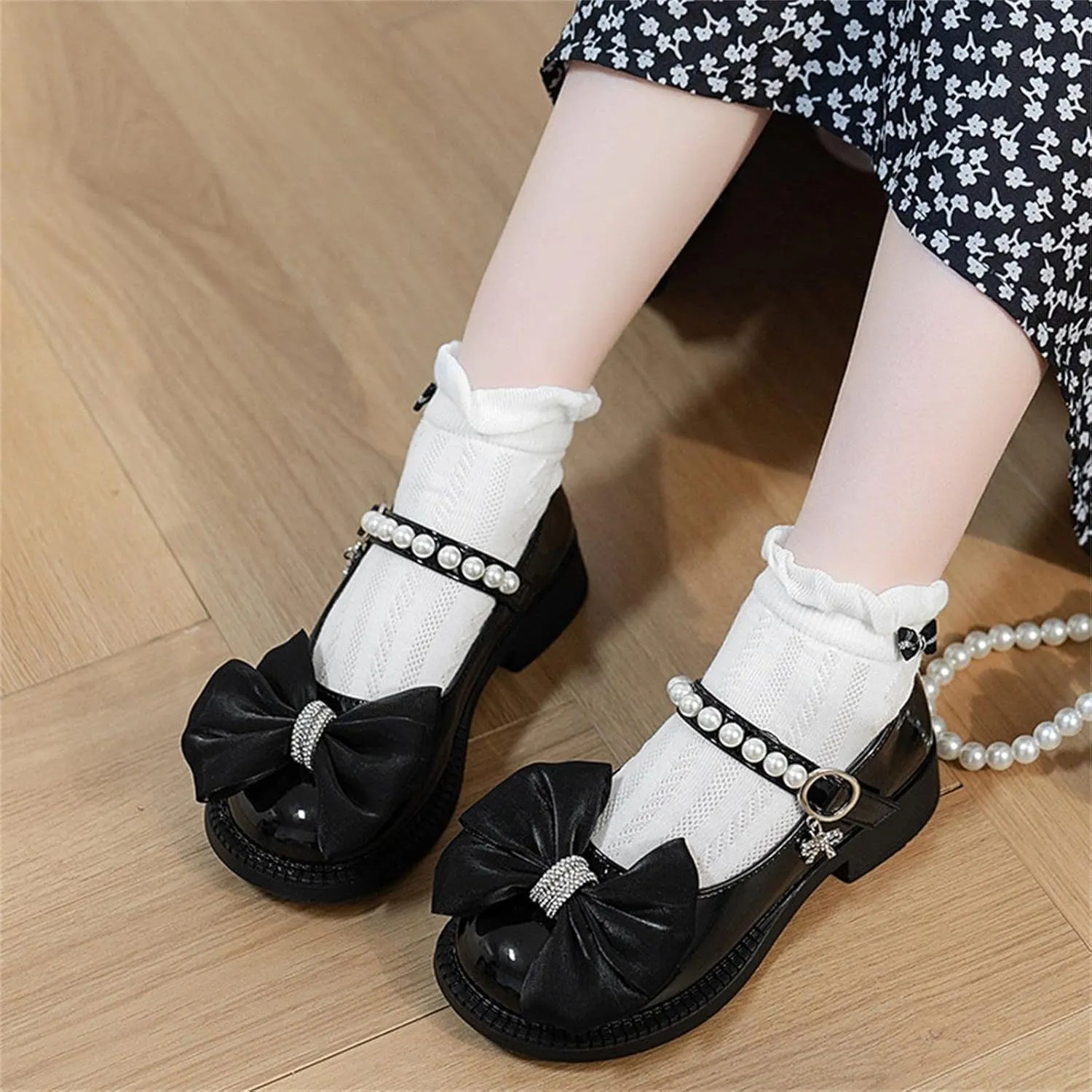 Girls Mary Jane Shoes Bow Pearl Ballerina Flats Ankle Strap Wedding Party School Dress Shoes For Women