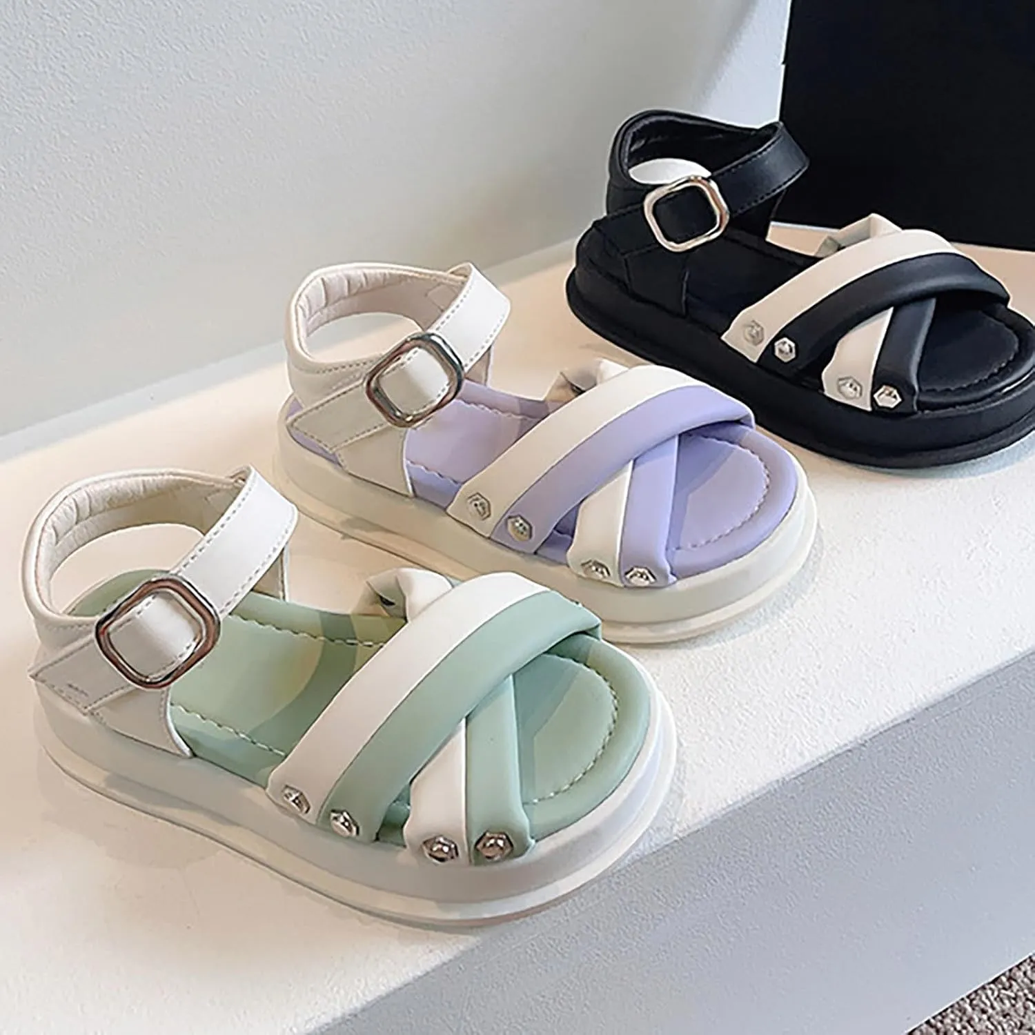 Girls Open Toe Color Blocking Princess Sandals Soft Bottom Shoes Casual Beach Vacation Holiday Shoes for Kids