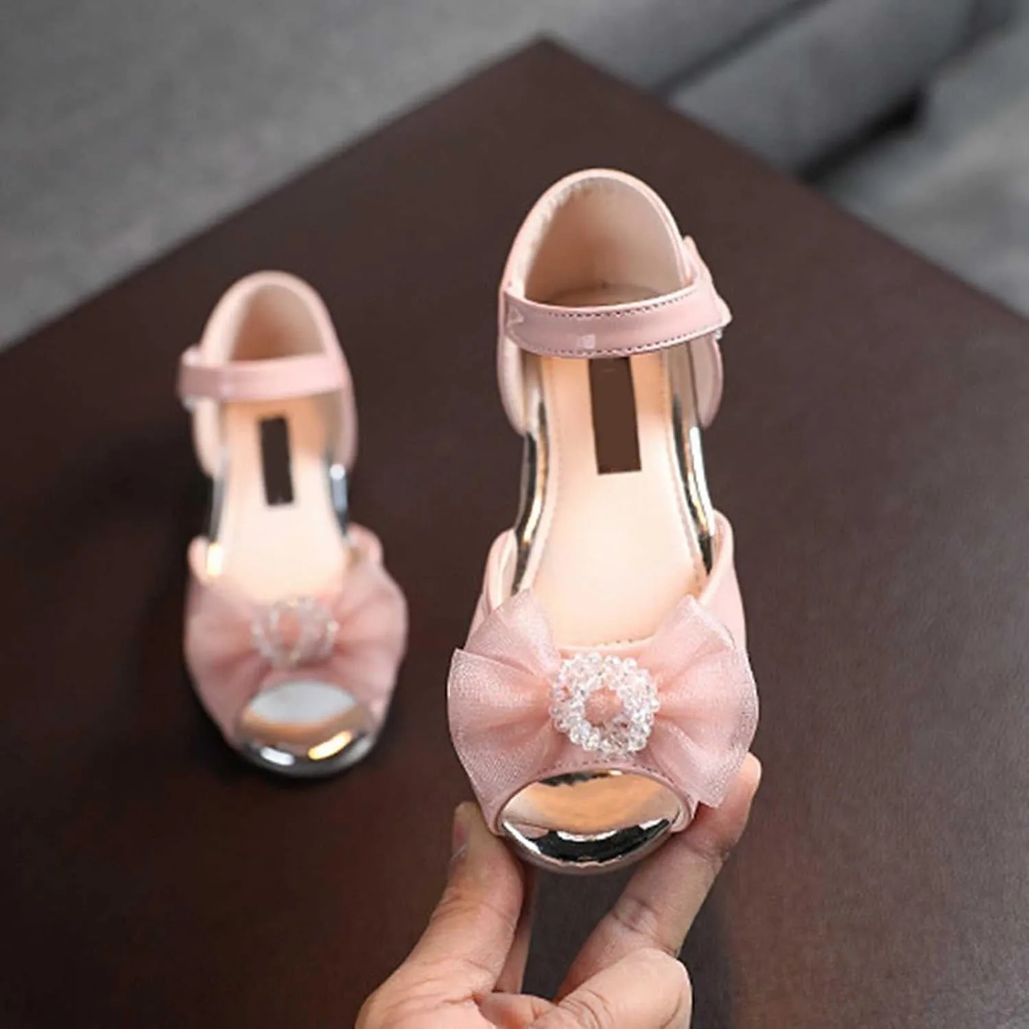 Girls Open Toe Heels Dress Shoes Flower Girl Mary Jane Sandals with Bow Wedding Party Shoes for Toddler Slides