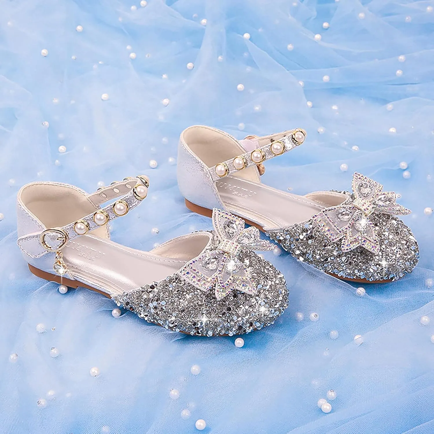 Girls Rhinestone Dress Shoes Glitter Sequins Closed Toe Party Wedding Flower Little Girl Kids Crystal Slippers