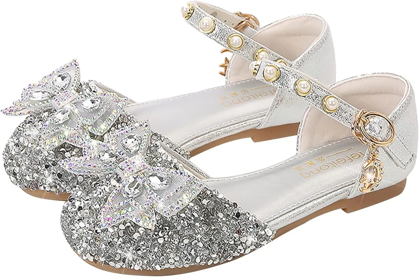 Girls Rhinestone Dress Shoes Glitter Sequins Closed Toe Party Wedding Flower Little Girl Kids Crystal Slippers